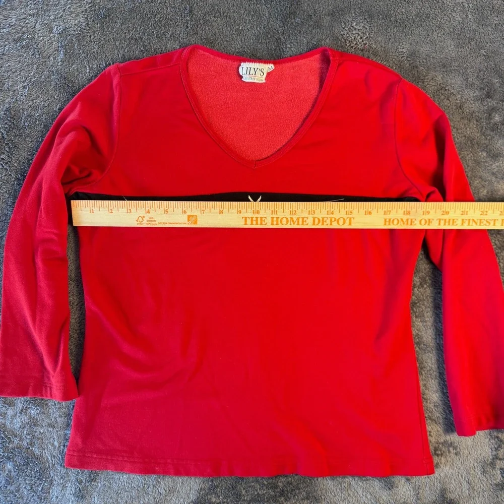 Vintage Lily's Beverly Hills Top Medium Red Black Stripe Chevron 90s V-Neck - Picture 4 of 6